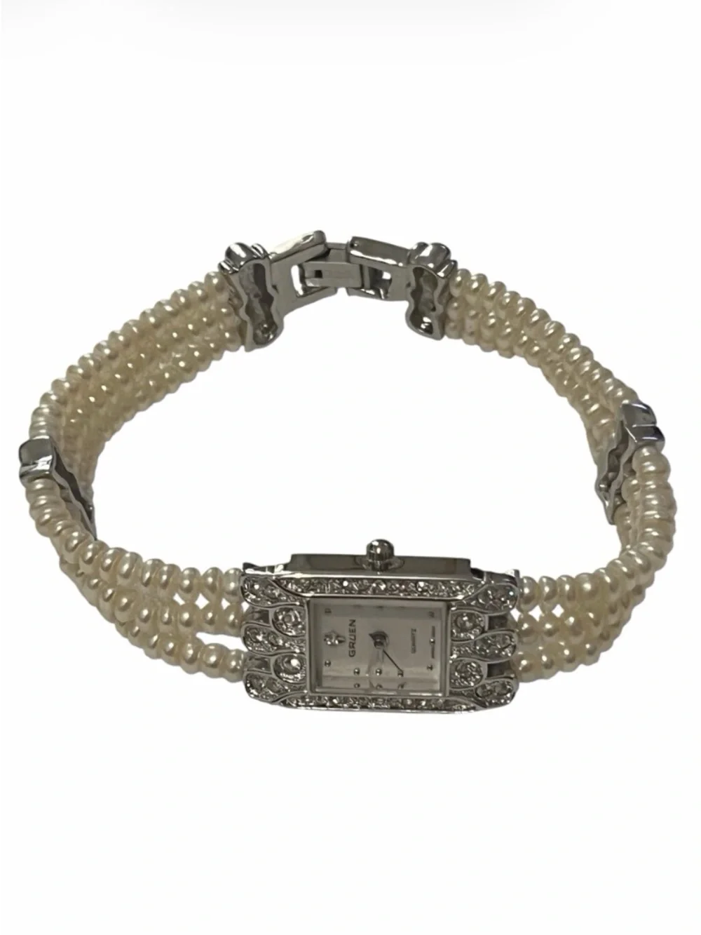 Vintage Gruen Faux Pearl & Rhinestone Watch